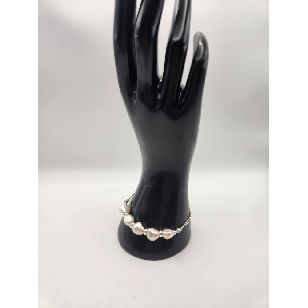 Sterling Silver 925 Baroque Pearl Chain Bracelet 8 Inch White Minimalist